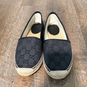 Gucci Black Monogram Espadrille Flats with Natural Jute Trim